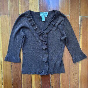 Silk Romantic Flirty Vintage Brown Metallic 3/4 Sleeve Sweater MEDIUM